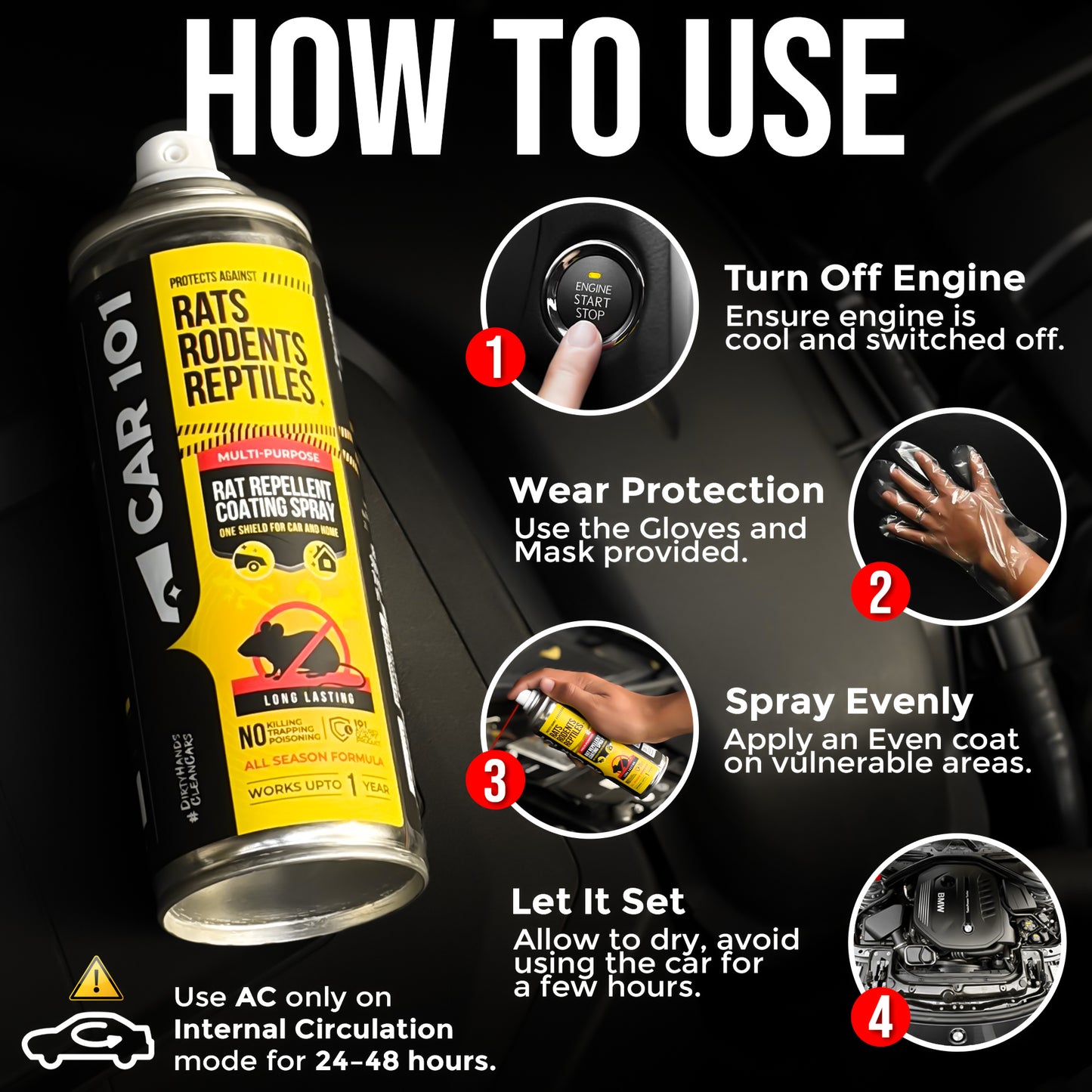CAR101 Car Rat Repellent Spray | Anti Rat & Rodent Spray for Engine & Wiring Protection | Long Lasting Rat Protection for Cars & Bikes