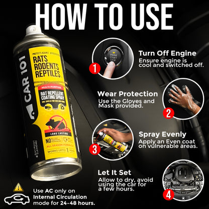 CAR101 Car Rat Repellent Spray | Anti Rat & Rodent Spray for Engine & Wiring Protection | Long Lasting Rat Protection for Cars & Bikes