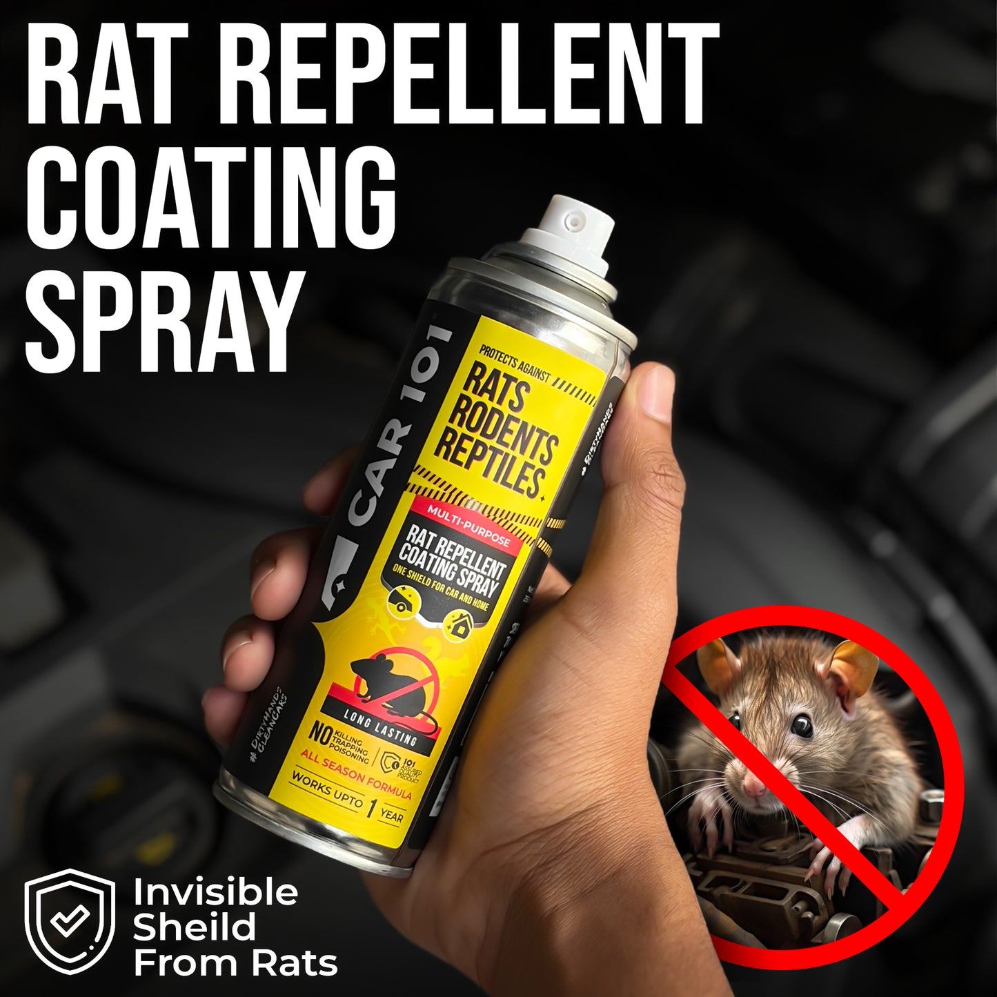 CAR101 Car Rat Repellent Spray | Anti Rat & Rodent Spray for Engine & Wiring Protection | Long Lasting Rat Protection for Cars & Bikes