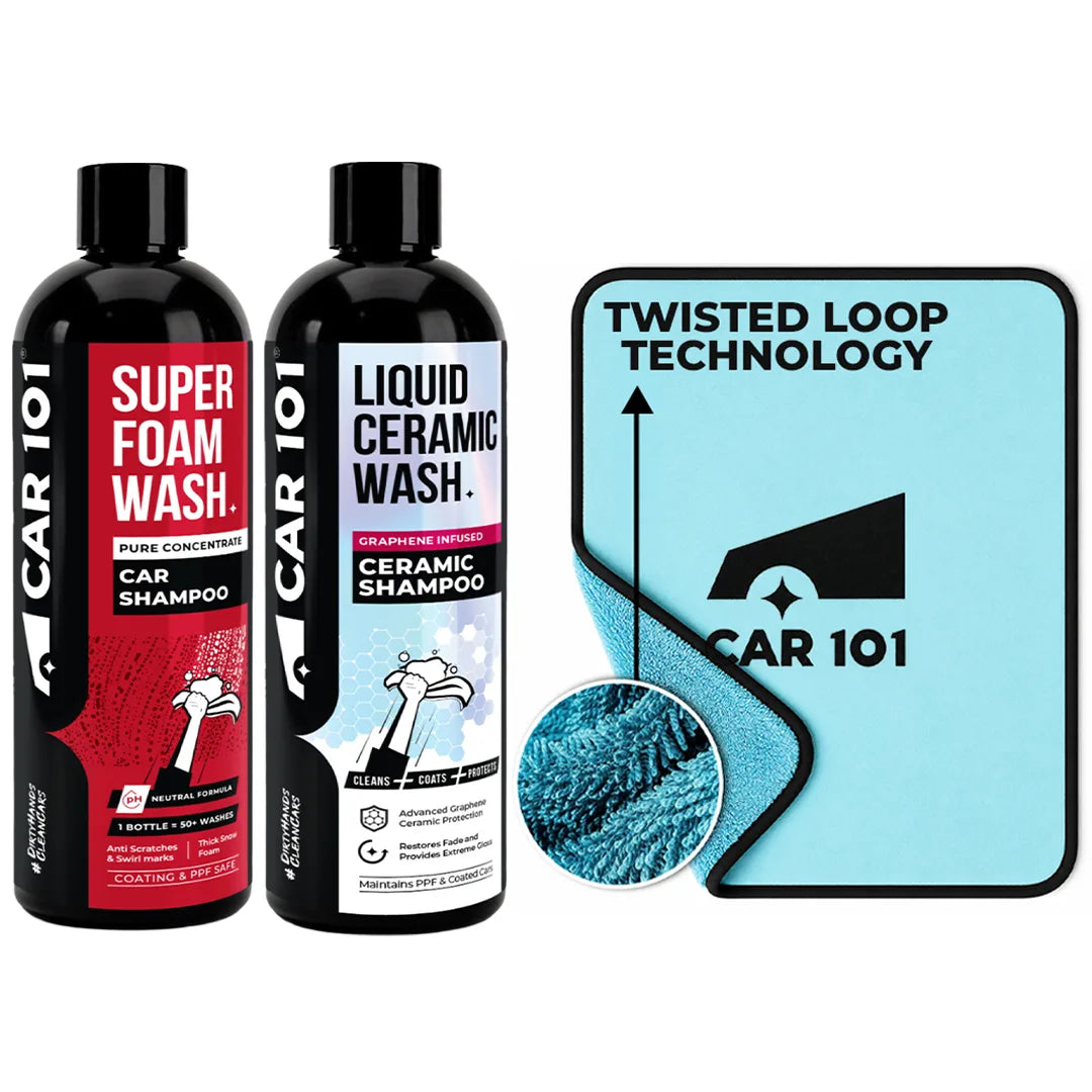 600 GSM Microfiber Cloth + Super Foam Wash Car Shampoo + Ceramic Coating Shampoo 300ml | 2-in-1 Effect Coating & Cleaning