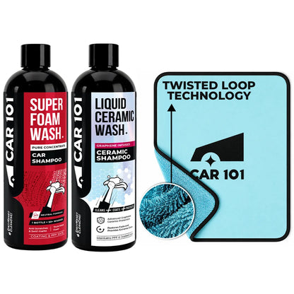 600 GSM Microfiber Cloth + Super Foam Wash Car Shampoo + Ceramic Coating Shampoo 300ml | 2-in-1 Effect Coating & Cleaning