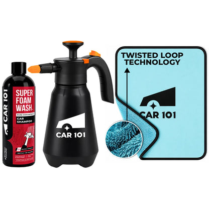 600 GSM Microfiber Cloth + Super Foam Car Wash Shampoo - 300ml | Fresh & Mild Scent + Foam Sprayer | 1.5L Tank