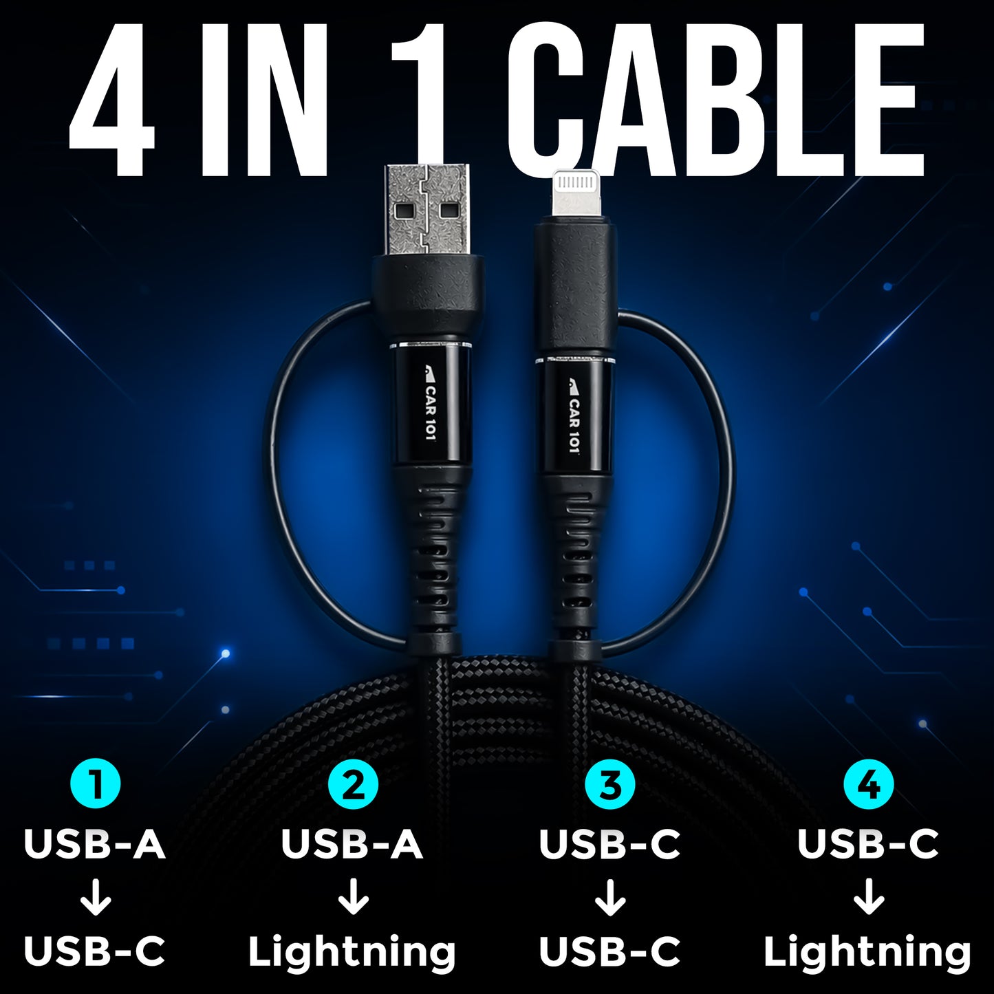 CAR101 Turbo Fast 65W Car Charge with 4 in 1 Cable
