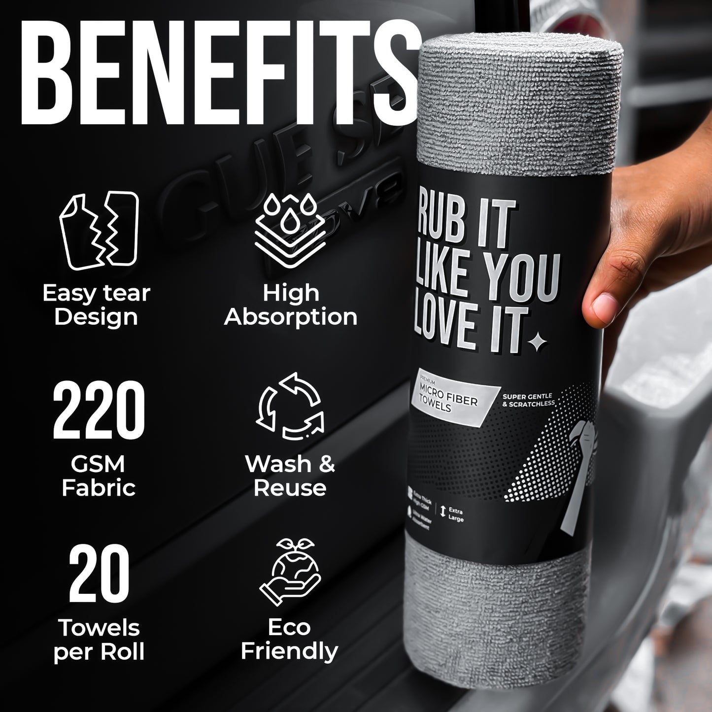 CAR101 Rip Rolls | 220 GSM Microfiber Towel Roll | 20 Units/Roll of tearable & reusable microfibre towels.